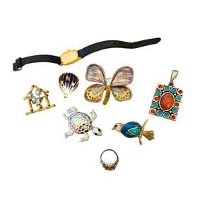 Lot 8 Vintage Jewelry Lot Ring Broochs Seiko Watch Turtle Aztec Charm